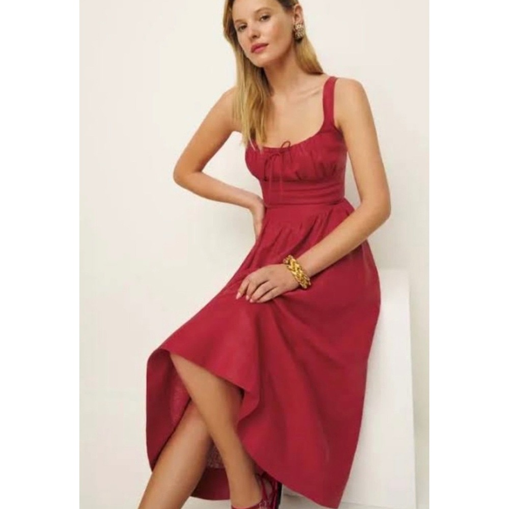 Reformation Balia Linen Dress Sundried Tomato Red Midi Ruched Bust Size 8 NEW - Picture 2 of 7
